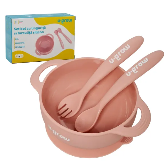 Set bol cu linguriță și furculiță din silicon, roz