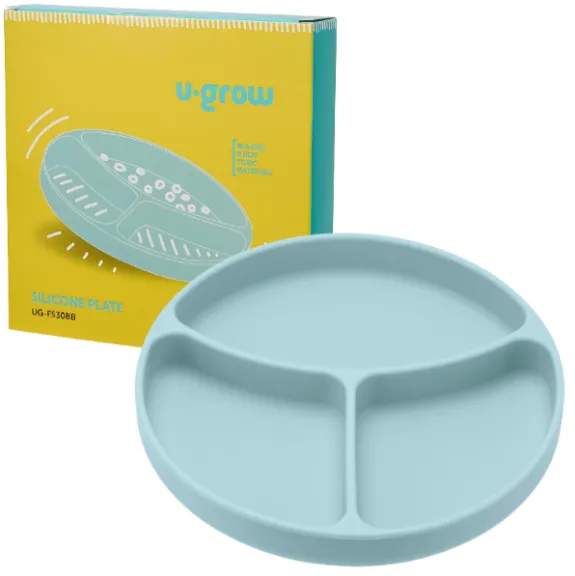 Farfurie albastră compartimentata din silicon cu ventuza