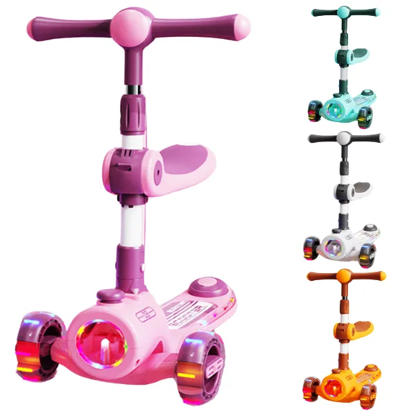 Trotinetă pliabilă cu trei roți, lumini LED, muzică și scăunel, 4 culori