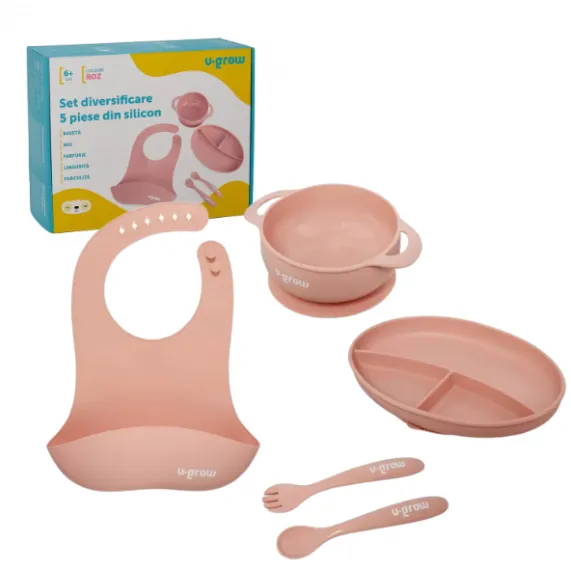 Set diversificare 5 piese din silicon: bavetă, bol, farfurie, linguriță și furculiță, roz
