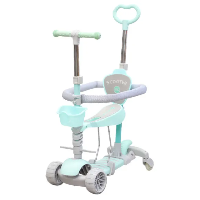 Trotinetă pentru copii cu coș, mâner pentru părinți, scaun, bară de siguranță, suport pentru picioare 5 în 1 verde
