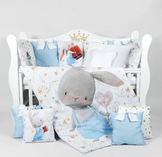 Lenjerie de pătuț PM Premium Iepuraș Albastru (8 piese), 120x60 cm