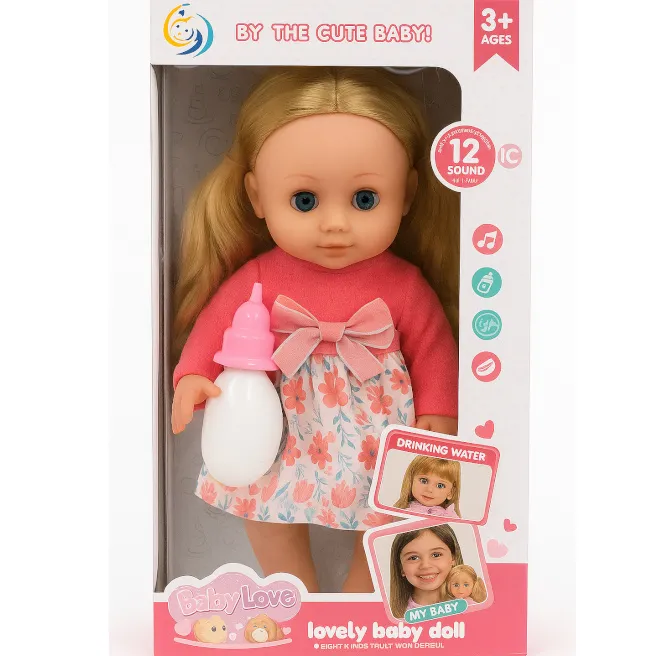 Păpușă bebeluș cu biberon, în rochie albastră, cod 919140