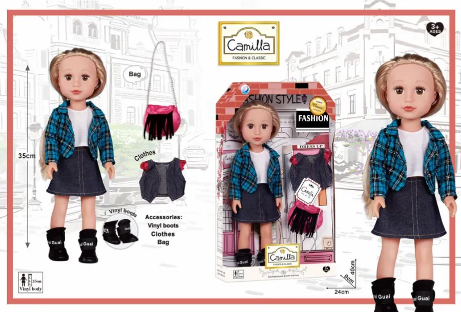 Păpușă din vinil de 40 cm în rochie, cu haine A932G