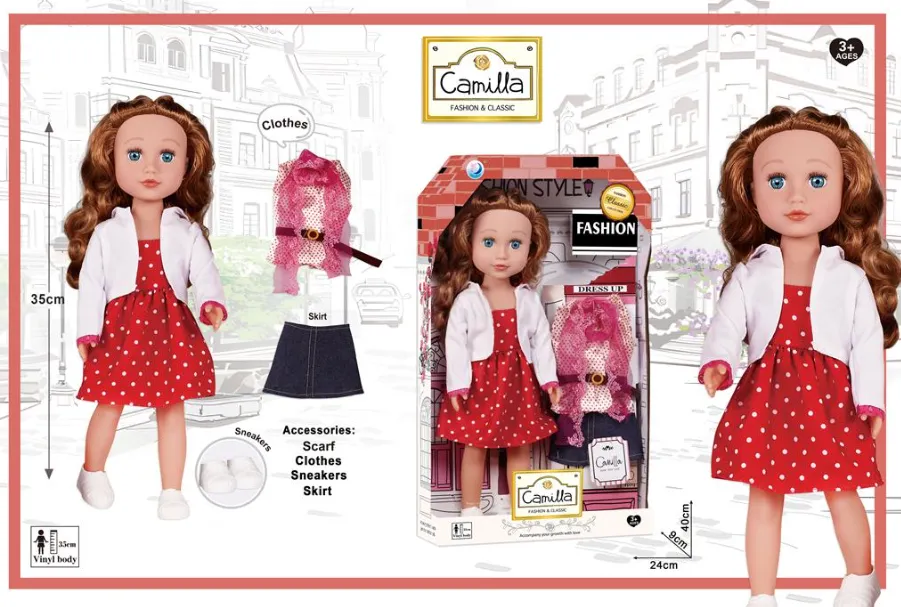 Păpușă din vinil de 40 cm în rochie, cu haine A932H