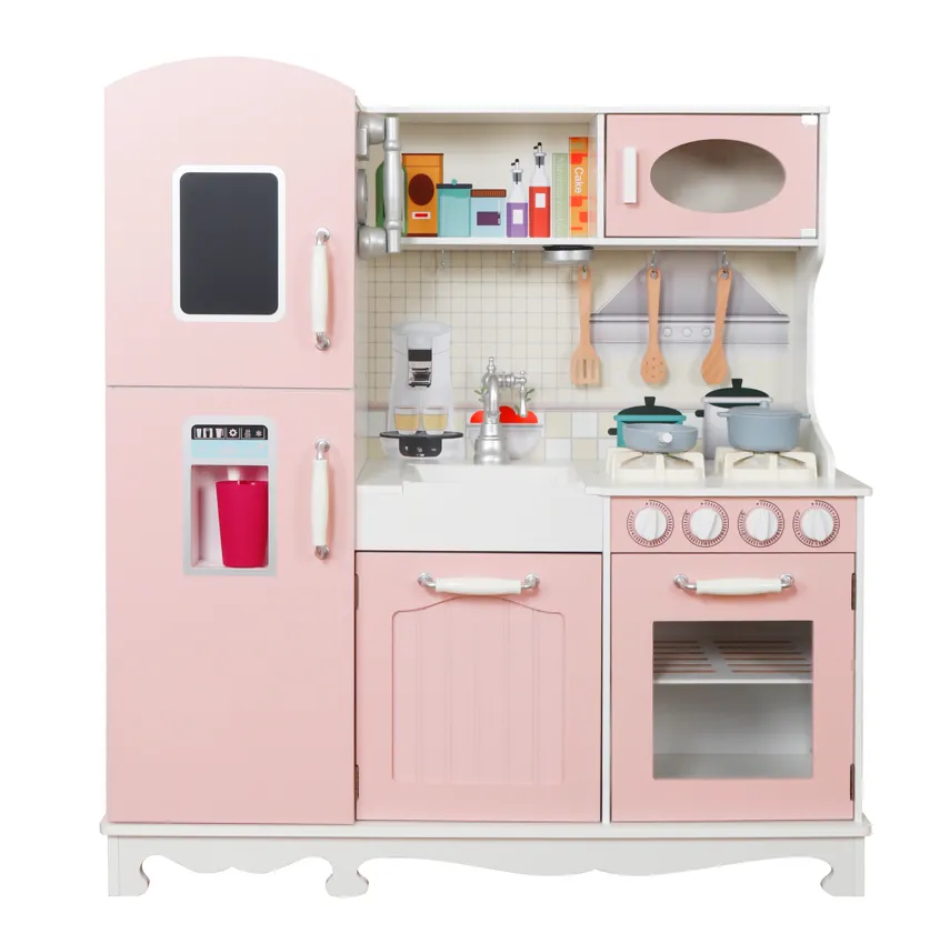 Bucătărie din lemn cu accesorii și funcții, 91 x 29,7 x 102,5 cm, roz, W10C409I