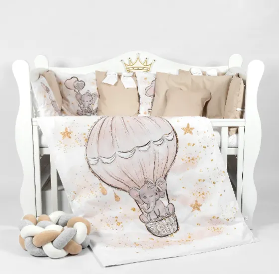 Lenjerie de pătuț PM Cosiță Elefant Maro (8 piese), 120x60 cm