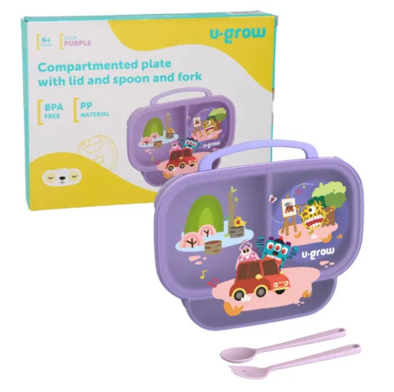 Caserolă compartimentată 3 în 1 cu linguriță, furculiță și capac, mov