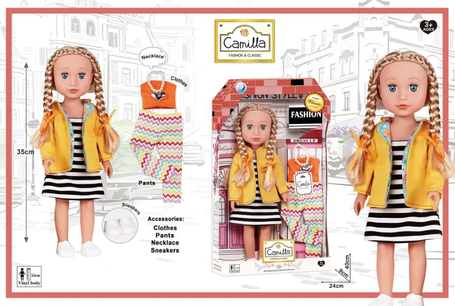 Păpușă din vinil de 40 cm în rochie și cu un set de haine A932E