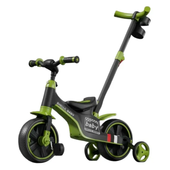 Tricicletă 4 în 1 pentru copii, cu mâner parental, muzică și lumini, verde (58367)