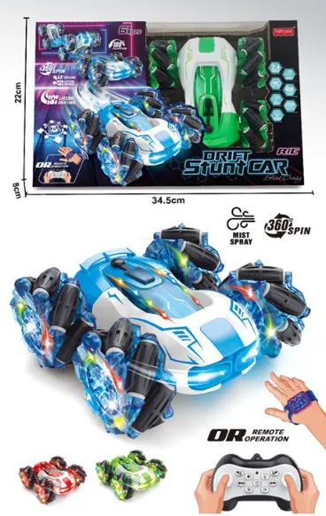  O mașină de cascadorii bidirecțională cu baterie, distribuitor de fum, joystick cu telecomandă și brățară de ceas cu telecomandă, HG4-34