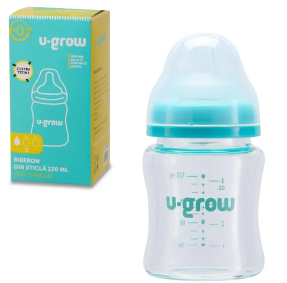 Biberon din sticlă, 120 ml, cu 2 tetine suplimentare