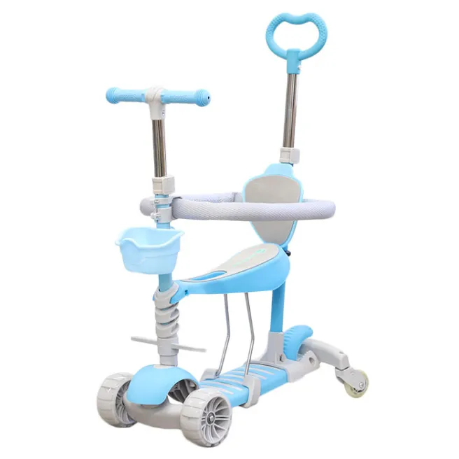 Trotinetă pentru copii cu coș, mâner pentru părinți, scaun, bară de siguranță, suport pentru picioare 5 în 1, albastru